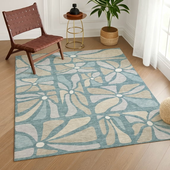 Addison Rugs Chantille Indoor/Outdoor Transitional Floral Teal Machine Washable Rectangle Rug, 5' x 7'6"
