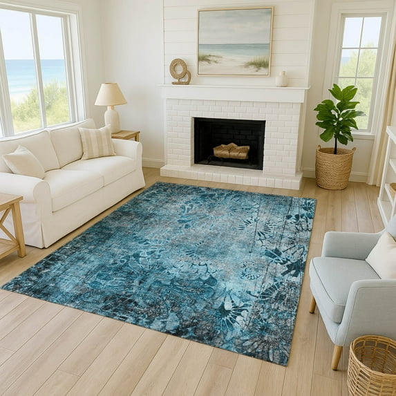 Addison Rugs Chantille Indoor/Outdoor Transitional Floral Teal Machine Washable Rectangle Rug, 8' x 10'
