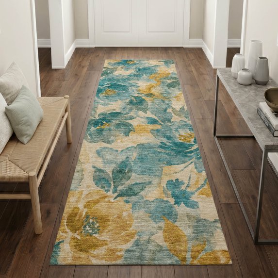 Addison Rugs Chantille Indoor/Outdoor Transitional Floral Teal Machine Washable Runner Rug, 2'3" x 7'6"