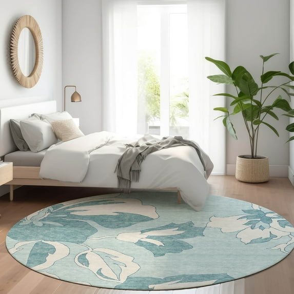 Addison Rugs Chantille Indoor/Outdoor Transitional Floral Teal Washable Round Rug, 8' x 8'