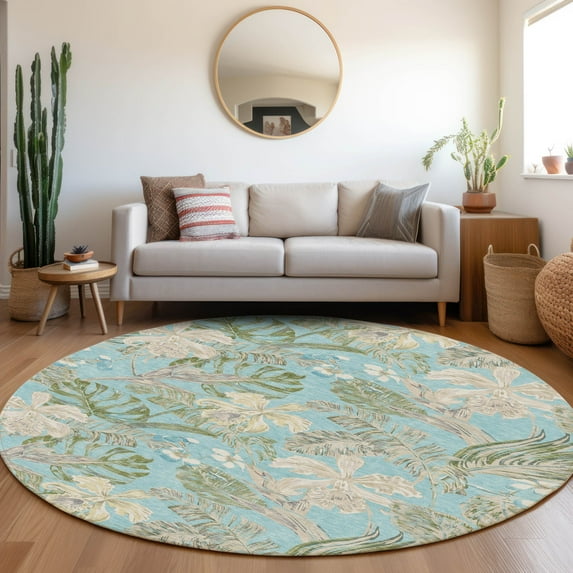 Addison Rugs Chantille Indoor/Outdoor Transitional Floral Teal Washable Round Rug, 8' x 8'