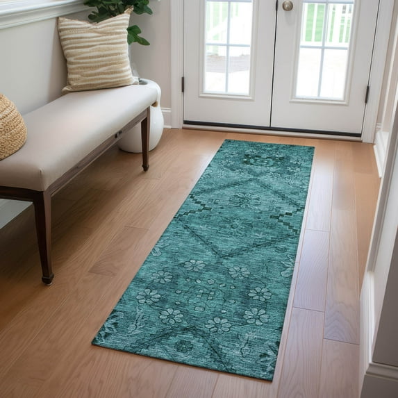 Addison Rugs Chantille Indoor/Outdoor Transitional Floral Teal Washable Runner Rug, 2'3" x 7'6"