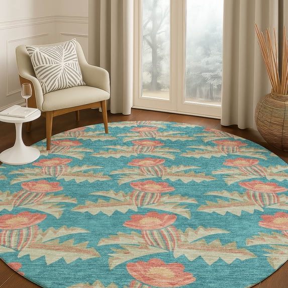 Addison Rugs Chantille Indoor/Outdoor Transitional Floral Turquoise Machine Washable Round Rug, 8' x 8'