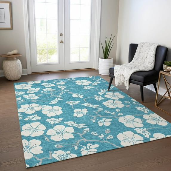 Addison Rugs Chantille Indoor/Outdoor Transitional Floral Turquoise Washable Rectangle Rug, 9' x 12'
