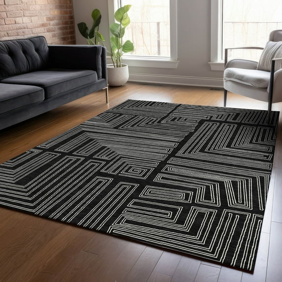 Addison Rugs Chantille Indoor/Outdoor Transitional Geometric, Abstract Black Washable Rectangle Rug, 5' x 7'6"