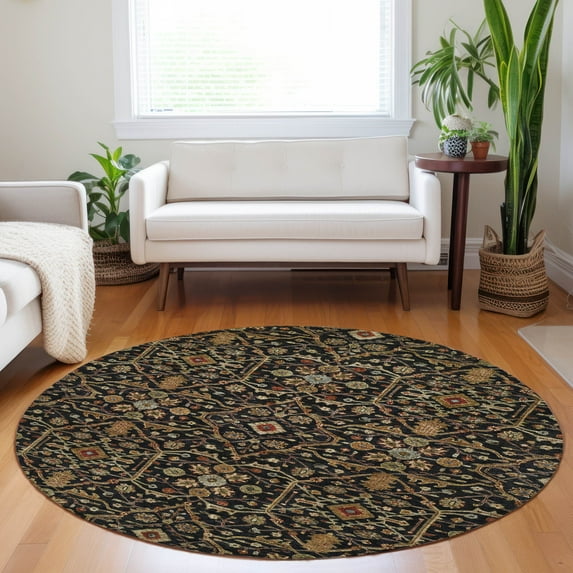 Addison Rugs Chantille Indoor/Outdoor Transitional Geometric, Abstract Black Washable Round Rug, 8' x 8'