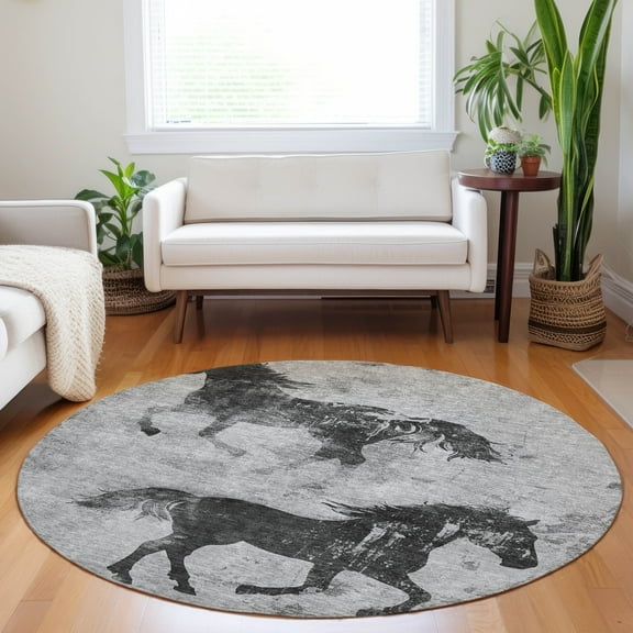 Addison Rugs Chantille Indoor/Outdoor Transitional Geometric, Abstract Gray Washable Round Rug, 8' x 8'