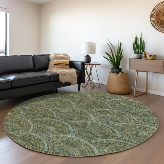 Addison Rugs Chantille Indoor/Outdoor Transitional Geometric, Abstract Olive Washable Round Rug, 8' x 8'