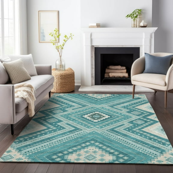 Addison Rugs Chantille Indoor/Outdoor Transitional Geometric, Abstract Teal Washable Rectangle Rug, 10' x 14'