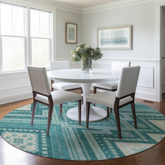 Addison Rugs Chantille Indoor/Outdoor Transitional Geometric, Abstract Teal Washable Round Rug, 8' x 8'