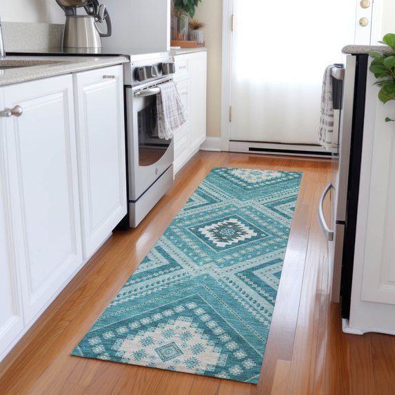 Addison Rugs Chantille Indoor/Outdoor Transitional Geometric, Abstract Teal Washable Runner Rug, 2'3" x 7'6"