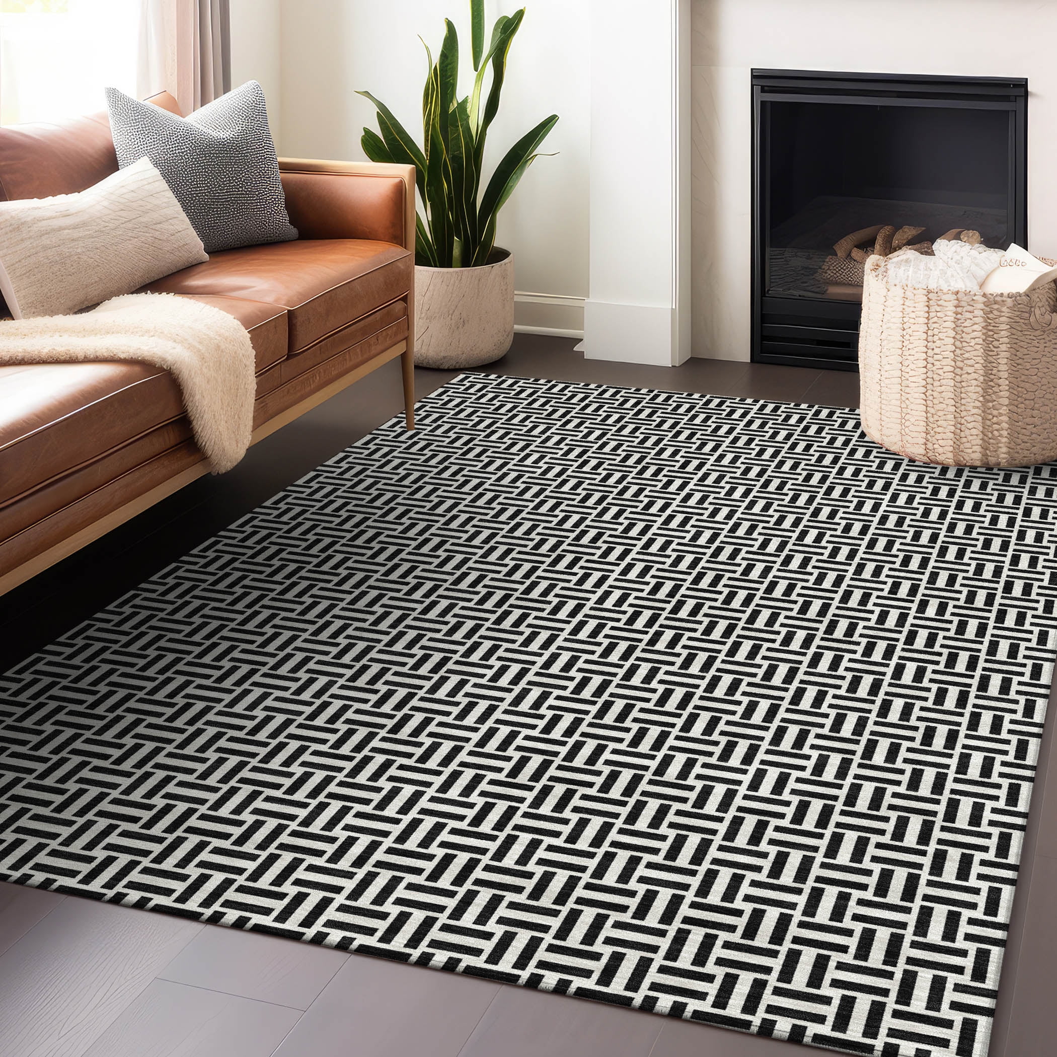 Addison Rugs Chantille Indoor/Outdoor Transitional Geometric Black Washable Rectangle Rug, 5' x 7'6"