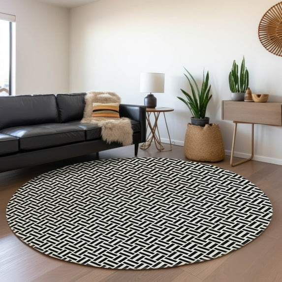 Addison Rugs Chantille Indoor/Outdoor Transitional Geometric Black Washable Round Rug, 8' x 8'