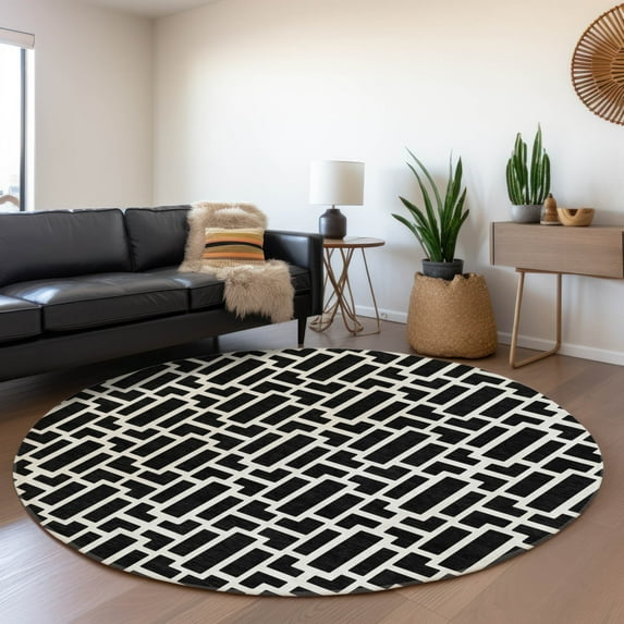 Addison Rugs Chantille Indoor/Outdoor Transitional Geometric Black Washable Round Rug, 8' x 8'