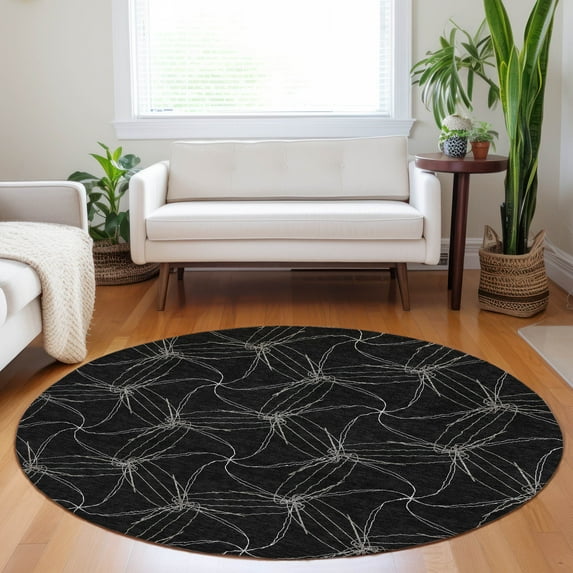 Addison Rugs Chantille Indoor/Outdoor Transitional Geometric Black Washable Round Rug, 8' x 8'