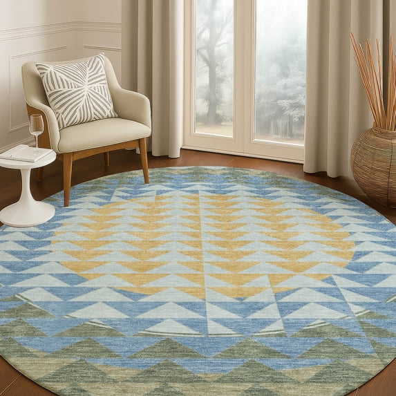 Addison Rugs Chantille Indoor/Outdoor Transitional Geometric Blue Machine Washable Round Rug, 8' x 8'