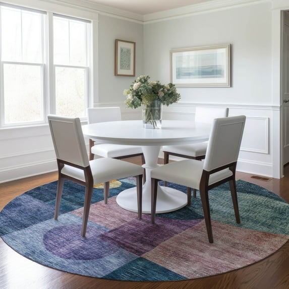 Addison Rugs Chantille Indoor/Outdoor Transitional Geometric Blue Washable Round Rug, 8' x 8'