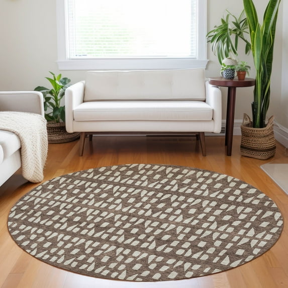 Addison Rugs Chantille Indoor/Outdoor Transitional Geometric Brown Washable Round Rug, 8' x 8'
