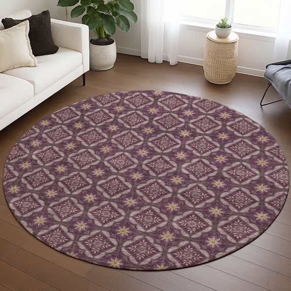 Addison Rugs Chantille Indoor/Outdoor Transitional Geometric Eggplant Machine Washable Round Rug, 8' x 8'