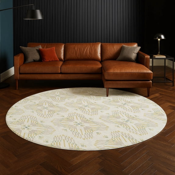 Addison Rugs Chantille Indoor/Outdoor Transitional Geometric Ivory Machine Washable Round Rug, 8' x 8'