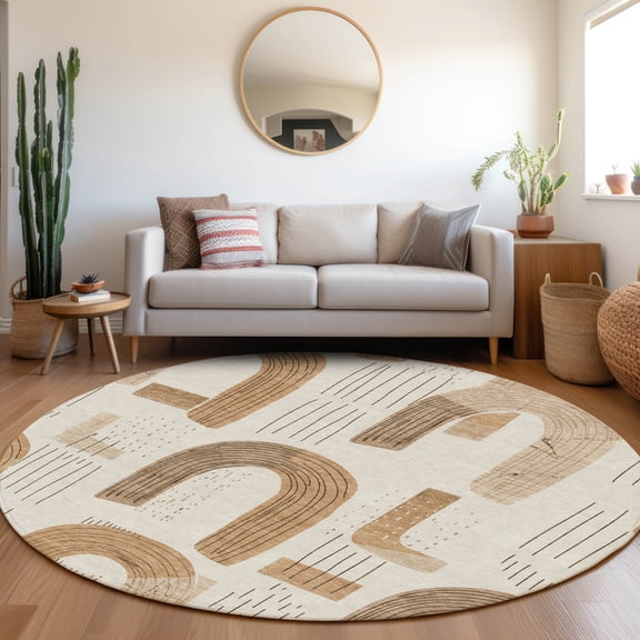 Addison Rugs Chantille Indoor/Outdoor Transitional Geometric Ivory Washable Round Rug, 8' x 8'