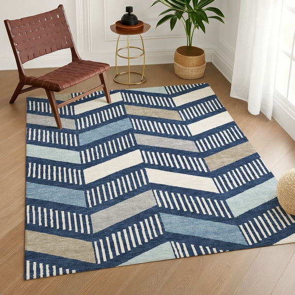 Addison Rugs Chantille Indoor/Outdoor Transitional Geometric Navy Machine Washable Rectangle Rug, 5' x 7'6"