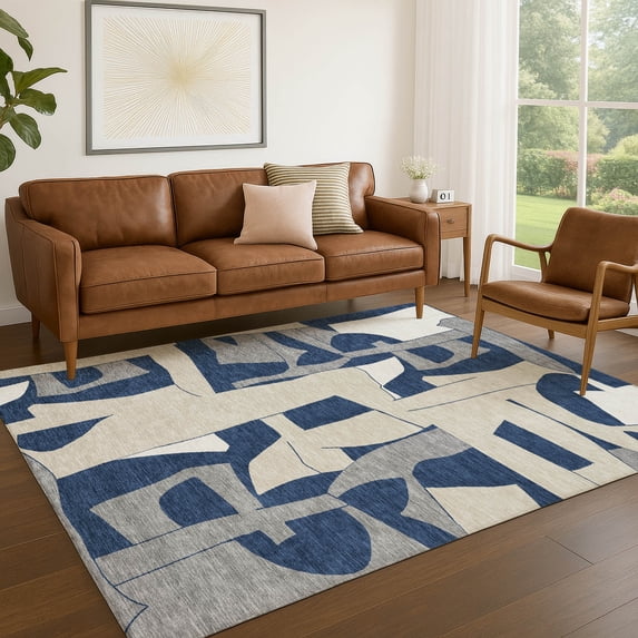 Addison Rugs Chantille Indoor/Outdoor Transitional Geometric Navy Machine Washable Rectangle Rug, 5' x 7'6"