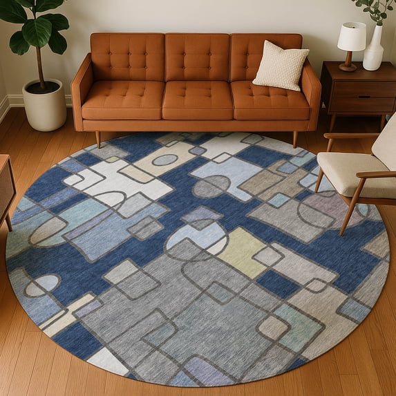 Addison Rugs Chantille Indoor/Outdoor Transitional Geometric Navy Machine Washable Round Rug, 8' x 8'