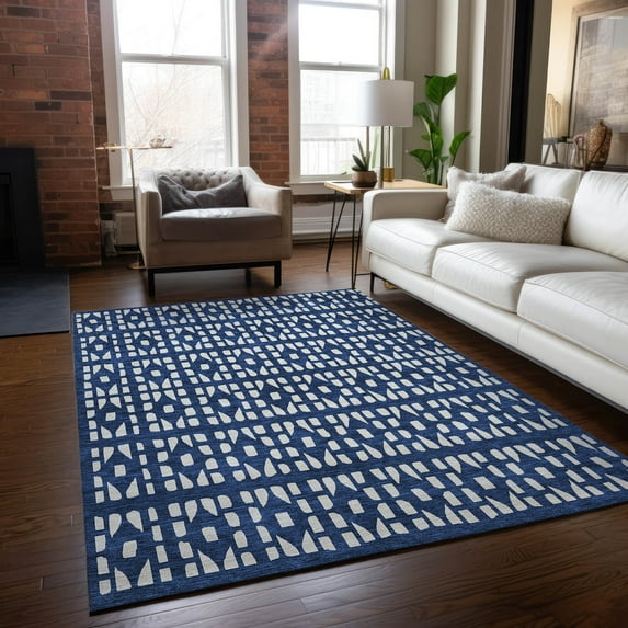 Addison Rugs Chantille Indoor/Outdoor Transitional Geometric Navy Washable Rectangle Rug, 5' x 7'6"
