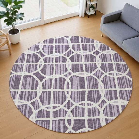 Addison Rugs Chantille Indoor/Outdoor Transitional Geometric Plum Machine Washable Round Rug, 8' x 8'