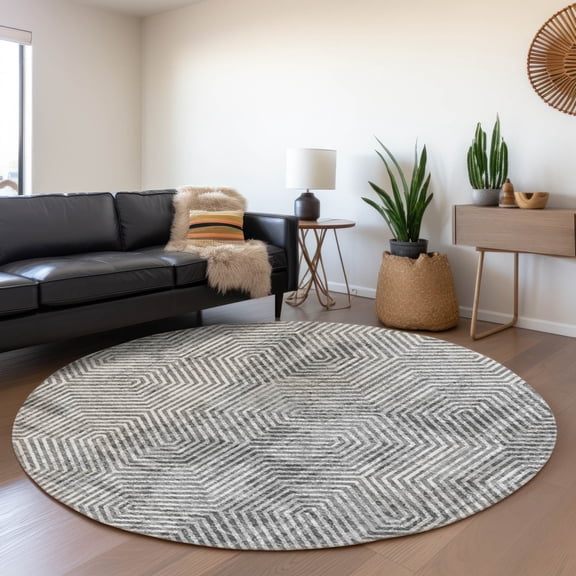 Addison Rugs Chantille Indoor/Outdoor Transitional Geometric Silver Washable Round Rug, 8' x 8'