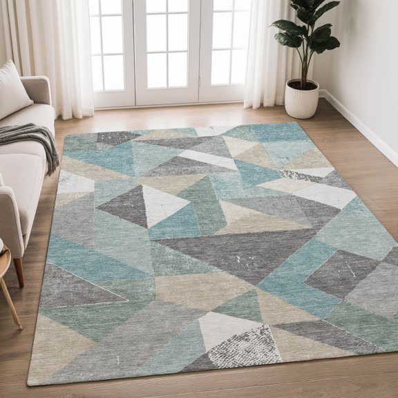 Addison Rugs Chantille Indoor/Outdoor Transitional Geometric Teal Machine Washable Rectangle Rug, 5' x 7'6"