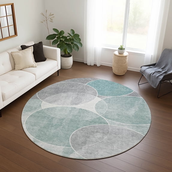 Addison Rugs Chantille Indoor/Outdoor Transitional Geometric Teal Machine Washable Round Rug, 8' x 8'