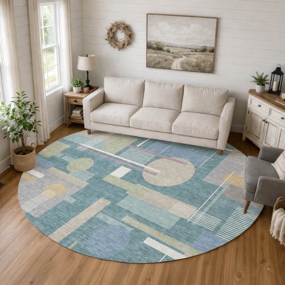 Addison Rugs Chantille Indoor/Outdoor Transitional Geometric Teal Machine Washable Round Rug, 8' x 8'