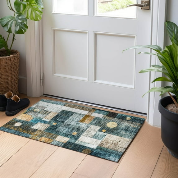 Addison Rugs Chantille Indoor/Outdoor Transitional Geometric Teal Washable Rectangle Rug, 1'8" x 2'6"