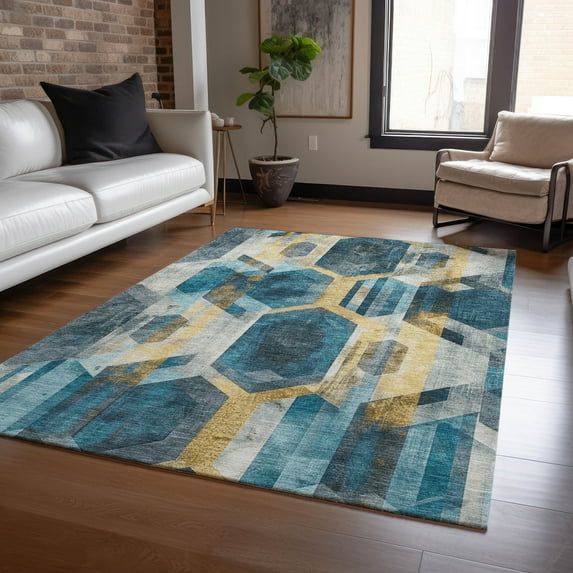 Addison Rugs Chantille Indoor/Outdoor Transitional Geometric Teal Washable Rectangle Rug, 5' x 7'6"