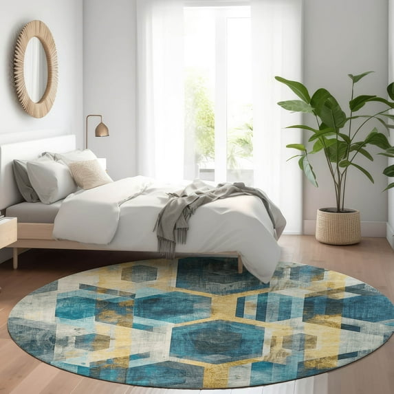 Addison Rugs Chantille Indoor/Outdoor Transitional Geometric Teal Washable Round Rug, 8' x 8'