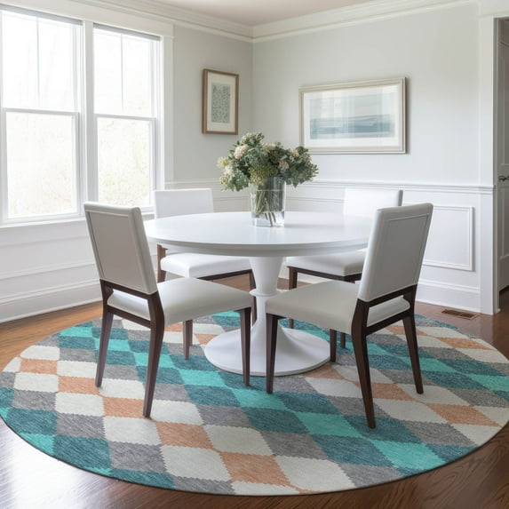 Addison Rugs Chantille Indoor/Outdoor Transitional Geometric Teal Washable Round Rug, 8' x 8'