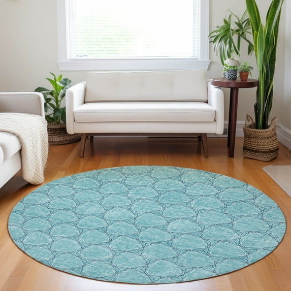 Addison Rugs Chantille Indoor/Outdoor Transitional Geometric Teal Washable Round Rug, 8' x 8'