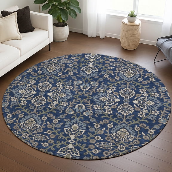 Addison Rugs Chantille Indoor/Outdoor Transitional Global Navy Machine Washable Round Rug, 8' x 8'