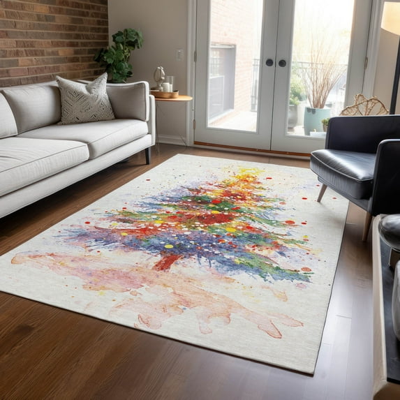 Addison Rugs Chantille Indoor/Outdoor Transitional Holiday Christmas Tree Ivory Machine Washable Rectangle Rug, 5' x 7'6"