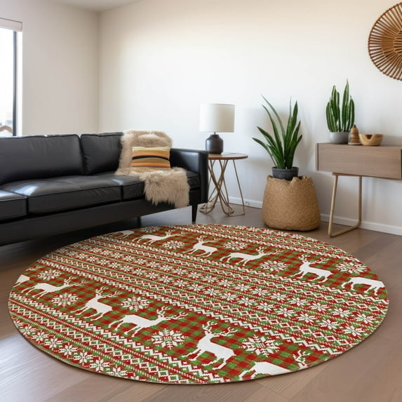Addison Rugs Chantille Indoor/Outdoor Transitional Holiday Fern Machine Washable Round Rug, 8' x 8'