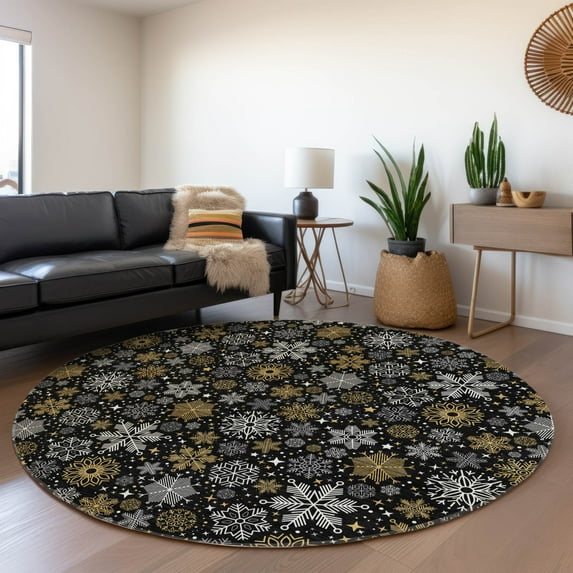 Addison Rugs Chantille Indoor/Outdoor Transitional Holiday Snowflake Black Machine Washable Round Rug, 8' x 8'