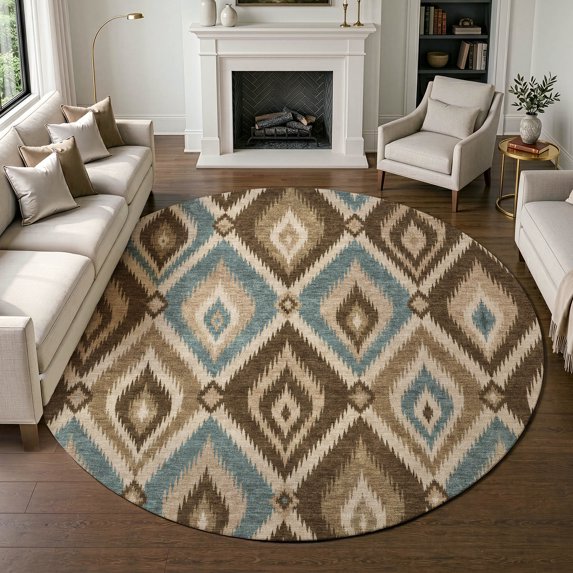 Addison Rugs Chantille Indoor/Outdoor Transitional Ikat Coffee Machine Washable Round Rug, 8' x 8'