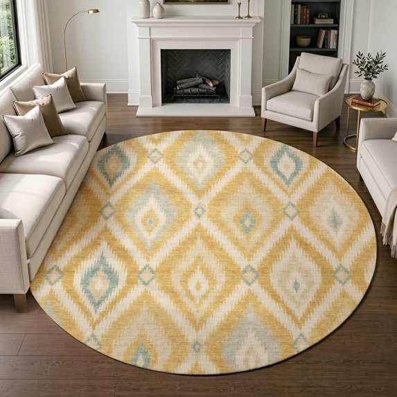 Addison Rugs Chantille Indoor/Outdoor Transitional Ikat Gold Machine Washable Round Rug, 8' x 8'