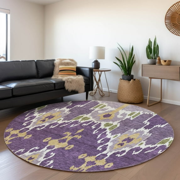 Addison Rugs Chantille Indoor/Outdoor Transitional Ikat Purple Washable Round Rug, 8' x 8'