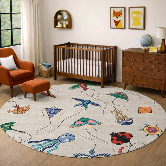 Addison Rugs Chantille Indoor/Outdoor Transitional Kids Beige Machine Washable Round Rug, 8' x 8'