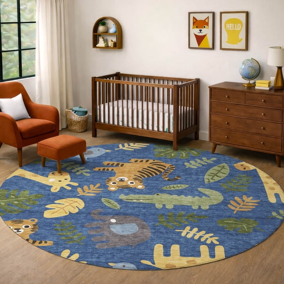 Addison Rugs Chantille Indoor/Outdoor Transitional Kids Blue Machine Washable Round Rug, 8' x 8'