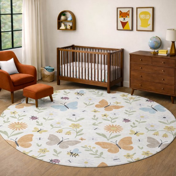 Addison Rugs Chantille Indoor/Outdoor Transitional Kids Ivory Machine Washable Round Rug, 8' x 8'