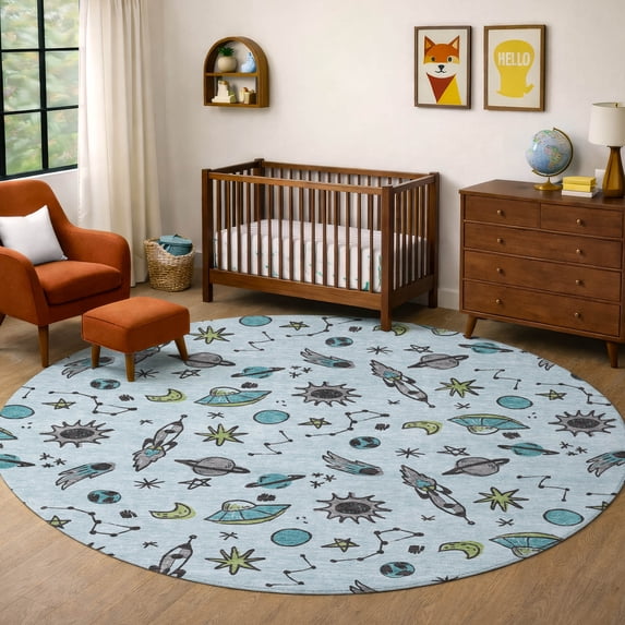 Addison Rugs Chantille Indoor/Outdoor Transitional Kids Sky Machine Washable Round Rug, 8' x 8'